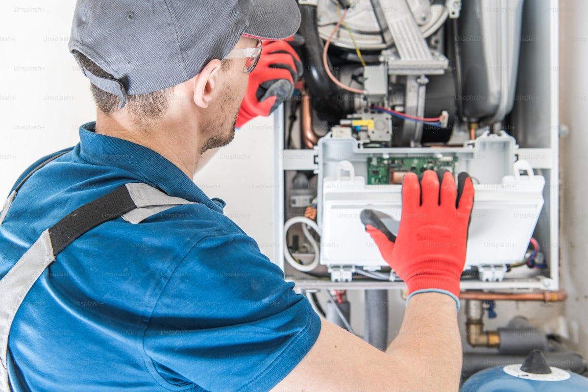 Licensed heating technician inspecting residential furnace burner assembly and heat exchanger safety